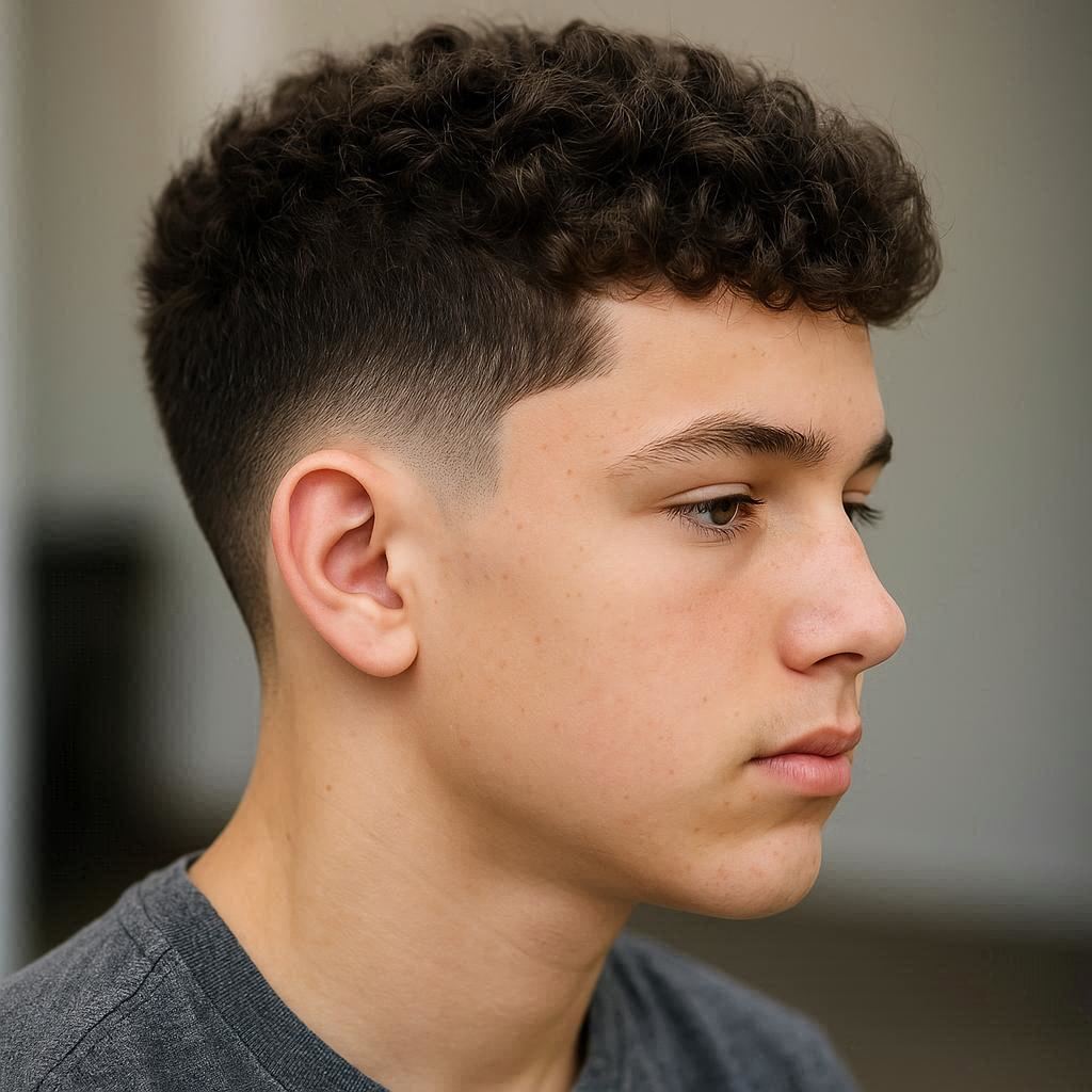 Short Curly Hair with Burst Fade