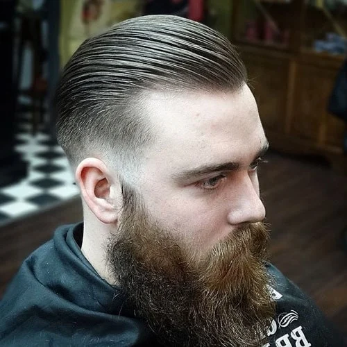 Slicked Back Low Fade with Full Beard